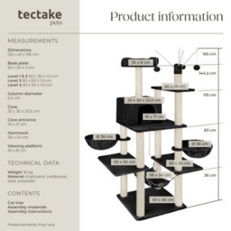Tectake Cat Tree Lilou - 165 Cm Tall, Sisal Scratching Post, Toys & Anti-Tip Protection - Black - thumbnail 6