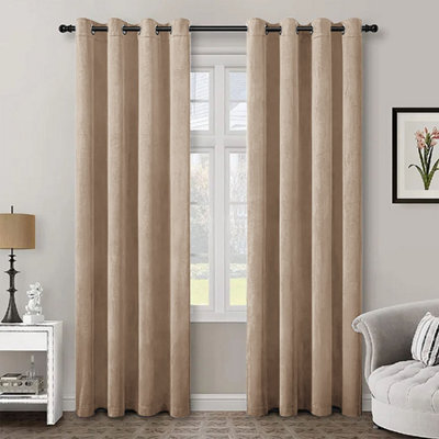 Aspire Homeware Beige Velvet Curtain Room Darkening Blackout Eyelet Curtain Pair (W) 168Cm X (D)228Cm With Tie Back Pair - image 1
