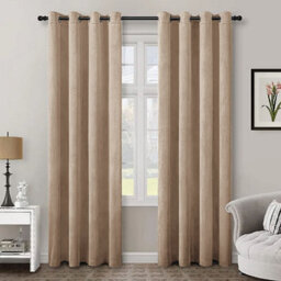 Aspire Homeware Beige Velvet Curtain Room Darkening Blackout Eyelet Curtain Pair (W) 168Cm X (D)228Cm With Tie Back Pair