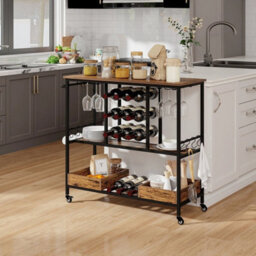 3 Tier Bar Cart With Glass Racks And Wine Holders On Wheels Brown - thumbnail 5