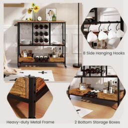 3 Tier Bar Cart With Glass Racks And Wine Holders On Wheels Brown - thumbnail 4