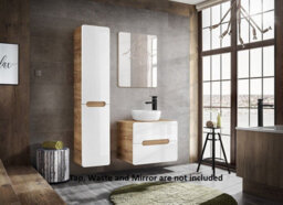 Impact Furniture Bathroom Cabinets Furniture Set With Tall Laundry Basket Unit And 600 Vanity Countertop Sink White Gloss Oak Arub - thumbnail 1