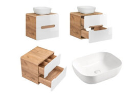 Impact Furniture Bathroom Cabinets Furniture Set With Tall Laundry Basket Unit And 600 Vanity Countertop Sink White Gloss Oak Arub - thumbnail 5