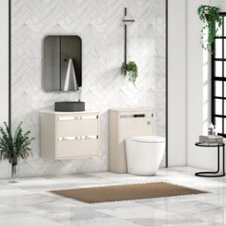 Royal Bathrooms Orion 600mm Warm Taupe Wall Hung Plain White Countertop Vanity Unit 2 Drawer With Art Round Basin & Chrome Accent Trim - thumbnail 3