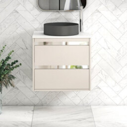 Royal Bathrooms Orion 600mm Warm Taupe Wall Hung Plain White Countertop Vanity Unit 2 Drawer With Art Round Basin & Chrome Accent Trim - thumbnail 1