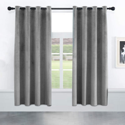 Oxford Homeware Eyelet Velvet Curtains Grey Fully Lined Blackout Thermal Insulated Eyelet Curtains Pair (W)168Cm X (L)137Cm - image 1