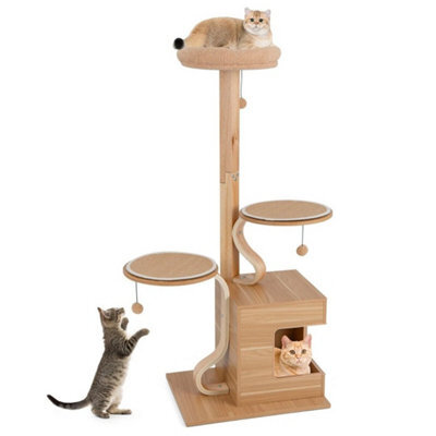 Wooden Cat Tree 129Cm Tall Cat Tower Cat Climbing Gurniture W/ Cat Condo - image 1