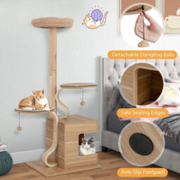 Wooden Cat Tree 129Cm Tall Cat Tower Cat Climbing Gurniture W/ Cat Condo - thumbnail 5