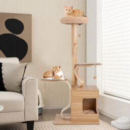 Wooden Cat Tree 129Cm Tall Cat Tower Cat Climbing Gurniture W/ Cat Condo - thumbnail 4