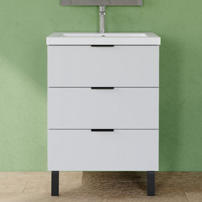 AVER-GROWTH 600mm Bathroom Vanity Unit With Basin Matt White Resin Sink Floor Standing Bathroom Storage Cabinet 3 Drawers Black Handles - image 1