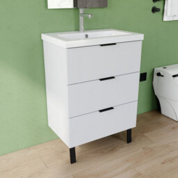 AVER-GROWTH 600mm Bathroom Vanity Unit With Basin Matt White Resin Sink Floor Standing Bathroom Storage Cabinet 3 Drawers Black Handles - thumbnail 3