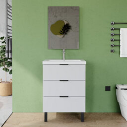 AVER-GROWTH 600mm Bathroom Vanity Unit With Basin Matt White Resin Sink Floor Standing Bathroom Storage Cabinet 3 Drawers Black Handles - thumbnail 2