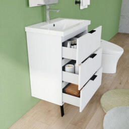AVER-GROWTH 600mm Bathroom Vanity Unit With Basin Matt White Resin Sink Floor Standing Bathroom Storage Cabinet 3 Drawers Black Handles - thumbnail 5