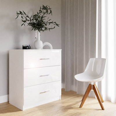 SquareBoxx Chiswick Gloss White 3 Drawer Modern Chest Of Drawers  And Bedside Table - (H) 68.5Cm X (W) 60Cm X (D) 40Cm - image 1