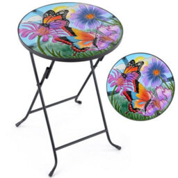 Folding Glass Table Garden Outdoor Patio Decoration Painted Round Top Christow - thumbnail 3