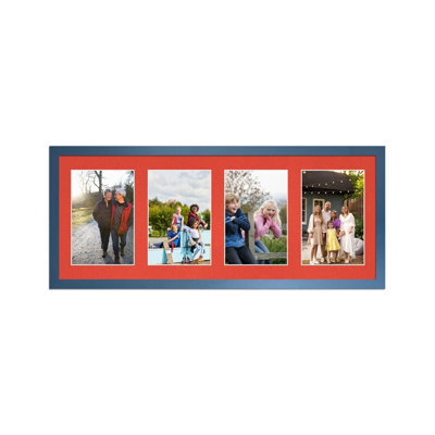 AK Frames 50X20Cm Navy Blue Sleek Multi Photo Frame With Poppy Red Mount - Holds 4 Apertures (4X) 6X4 Photos - image 1