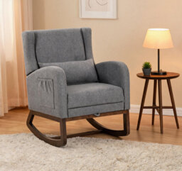 Darphe Modern Grey Linen Rocking Chair With Footrest And Lumbar Pillow