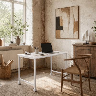 Wyld Haus Veso 80Cm White Wood-Effect Folding Desk With Lockable Wheels And Tablet Slot - image 1