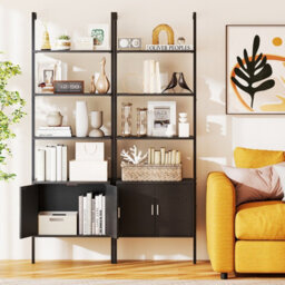 Costway Tall Bookshelf 5 Tier Wall Mount Ladder Bookcase With Cabinet-Black - thumbnail 4