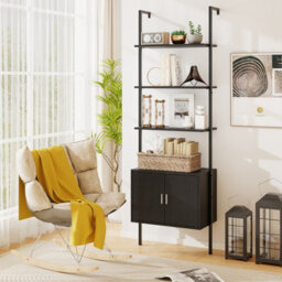 Costway Tall Bookshelf 5 Tier Wall Mount Ladder Bookcase With Cabinet-Black - thumbnail 9