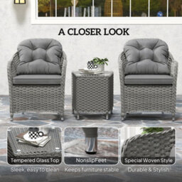 Outsunny 3 Pcs Aluminium Rattan Bistro Set With Soft Cushions & Glass Top - thumbnail 6
