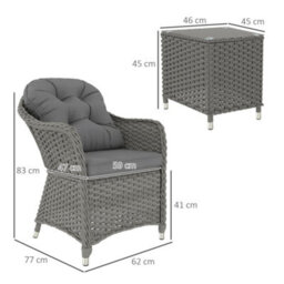 Outsunny 3 Pcs Aluminium Rattan Bistro Set With Soft Cushions & Glass Top - thumbnail 3