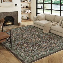 Decoranddecor Living Room Rugs, Washable Area Rugs, 120X170Cm, Non-Slip, Pet Friendly, Low Pile, Floral Rug - Orlina - thumbnail 1