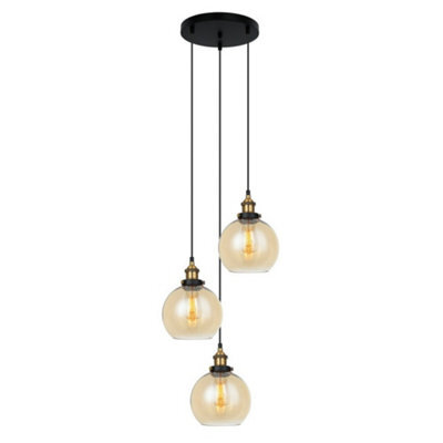 Luminosa Lighting Luminosa Industrial And Retro Hanging Pendant Black, Gold 3 Light  With Amber Shade, E27 Dimmable