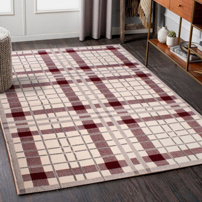 Cream Modern Tartan Easy To Clean Chequered Rug For Living Room, Bedroom, Dining Room - 80Cm X 150Cm