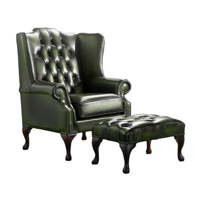 Chesterfield Flat Wing Chair + Footstool Antique Green Leather In Mallory Style