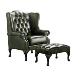 Chesterfield Flat Wing Chair + Footstool Antique Green Leather In Mallory Style