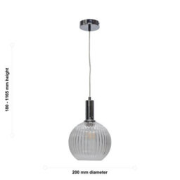 First Choice Lighting Betchley - Clear Ribbed Glass Globe Chrome Deco Pendant Fitting - thumbnail 5