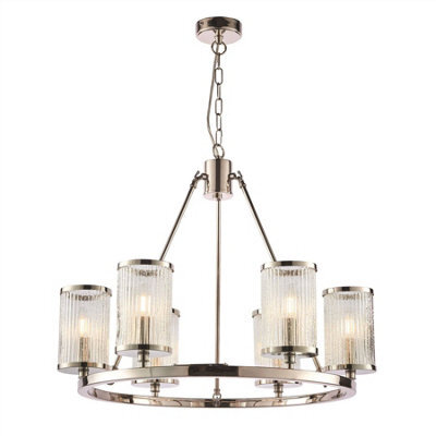Luminosa Lighting Luminosa Easton 6 Light Multi Arm Pendant Bright Nickel, Ribbed Glass Bubble Effect, E14