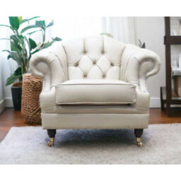 Chesterfield Handmade Armchair Shelly Pebble Real Leather In Victoria Style - thumbnail 2