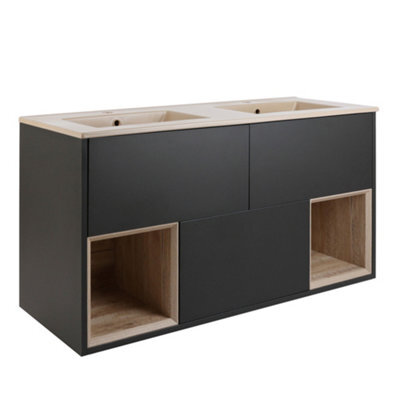 Homestylestore Black Grey 1212mm Wall Hung Bathroom Vanity Unit Led Lit Open Shelf And Sand Basin - image 1