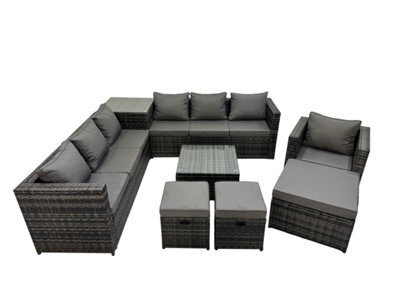 Fimous 10 Seater Garden Outdoor Rattan Furniture Set Patio Corner Sofa Coffee Table With Side Table 3 Stool Dark Grey - image 1