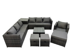 Fimous 10 Seater Garden Outdoor Rattan Furniture Set Patio Corner Sofa Coffee Table With Side Table 3 Stool Dark Grey - thumbnail 1
