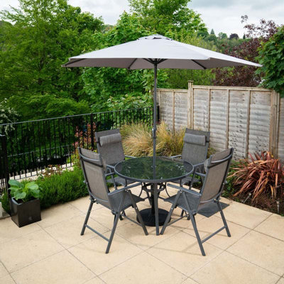 Primrose 4 Seater Dining Set Garden Furniture With Parasol Reclining Chairs Glass Table In Grey - image 1