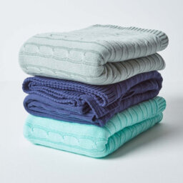 Homescapes Cotton Cable Knit Throw Duck Egg Blue, 130 X 170 Cm - thumbnail 8