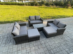 Fimous Rattan Garden Furniture Set 8 Seater Patio Outdoor Lounge Sofa Set With Rectangular Coffee Table 2 Big Footstool - thumbnail 2