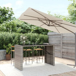 Berkfield Bar Table With Glass Top Grey 185X80X110 Cm Poly Rattan