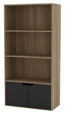 Urbn-Living Urbnliving Height 118Cm 4 Tier Wooden Bookcase Cupboard With Doors Storage Shelving Display Colour Oak Door Black Cabinet Unit - image 1