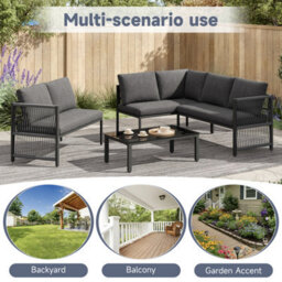 Abrihome 5-6 Seater Garden Furniture Set With Tempered Glass Coffee Table, L-Shaped Corner Sofa With Polyester Rope, Linen, Grey - thumbnail 4