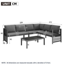 Abrihome 5-6 Seater Garden Furniture Set With Tempered Glass Coffee Table, L-Shaped Corner Sofa With Polyester Rope, Linen, Grey - thumbnail 6