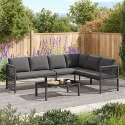 Abrihome 5-6 Seater Garden Furniture Set With Tempered Glass Coffee Table, L-Shaped Corner Sofa With Polyester Rope, Linen, Grey - thumbnail 7