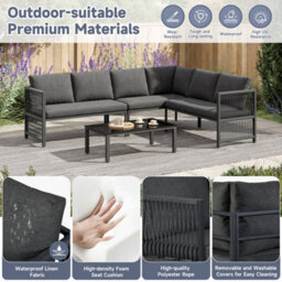 Abrihome 5-6 Seater Garden Furniture Set With Tempered Glass Coffee Table, L-Shaped Corner Sofa With Polyester Rope, Linen, Grey - thumbnail 2