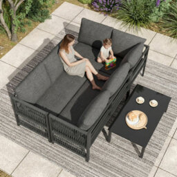 Abrihome 5-6 Seater Garden Furniture Set With Tempered Glass Coffee Table, L-Shaped Corner Sofa With Polyester Rope, Linen, Grey - thumbnail 9