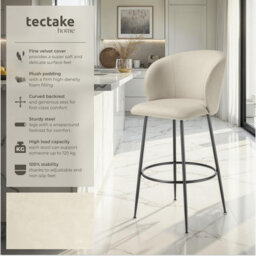 Tectake Bar Stool Luana - With Backrest, Velvet Look And Padded - Cream/black, Set Of 4 - thumbnail 2