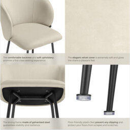 Tectake Bar Stool Luana - With Backrest, Velvet Look And Padded - Cream/black, Set Of 4 - thumbnail 5