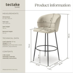 Tectake Bar Stool Luana - With Backrest, Velvet Look And Padded - Cream/black, Set Of 4 - thumbnail 6